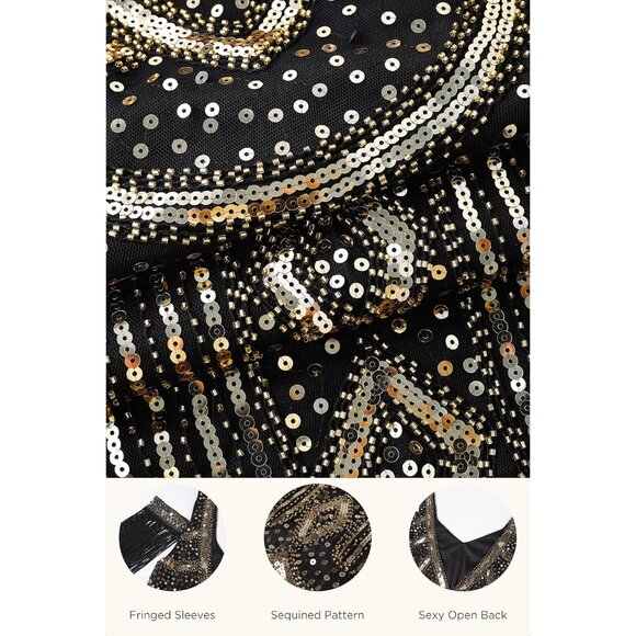 Womens Flapper Dress Vintage 1920s Beaded Sequins Fringe Party Costume - Picture 5 of 6
